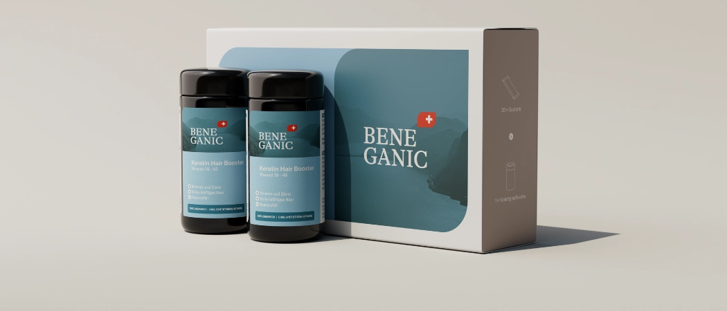 The full Beneganic 3-Month Postpartum Reset kit — 20-day intensive drink and daily keratin booster