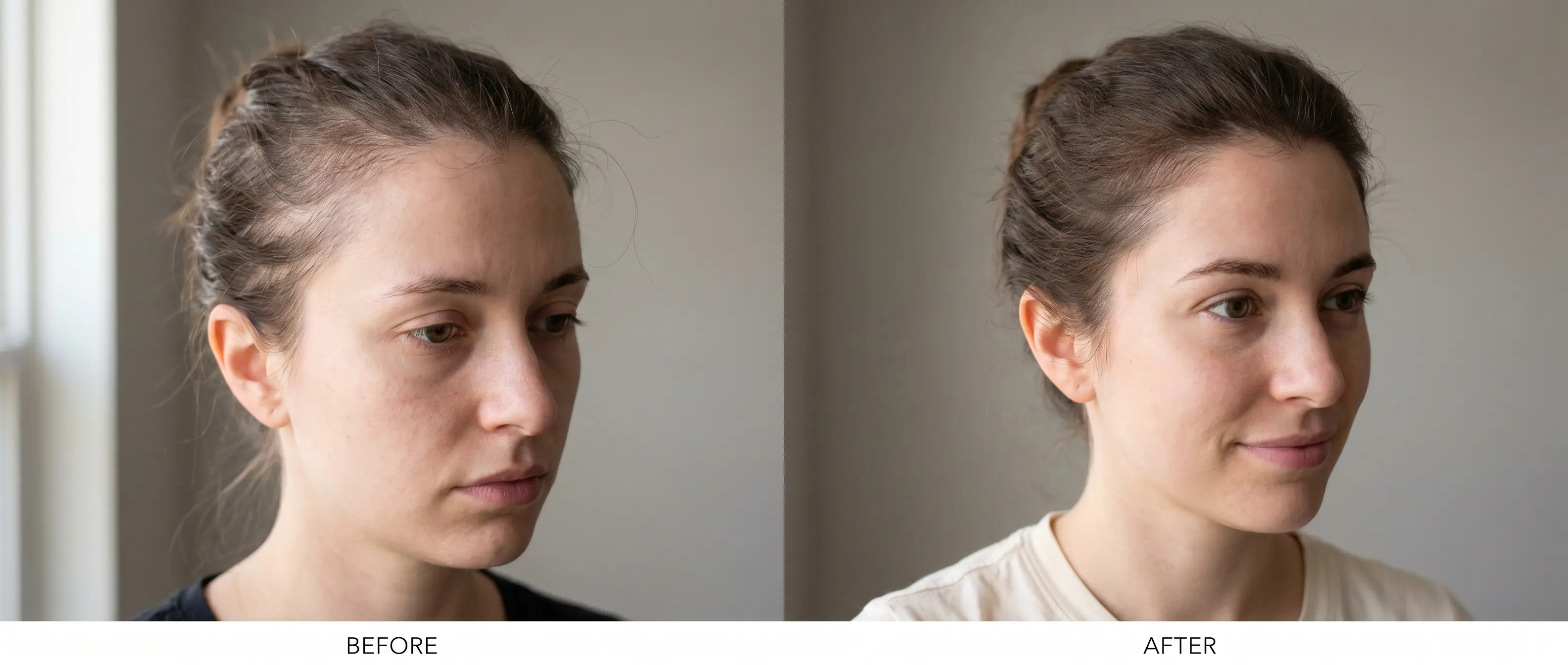 Before and after photograph showing postpartum hair regrowth at the temples after 3 months