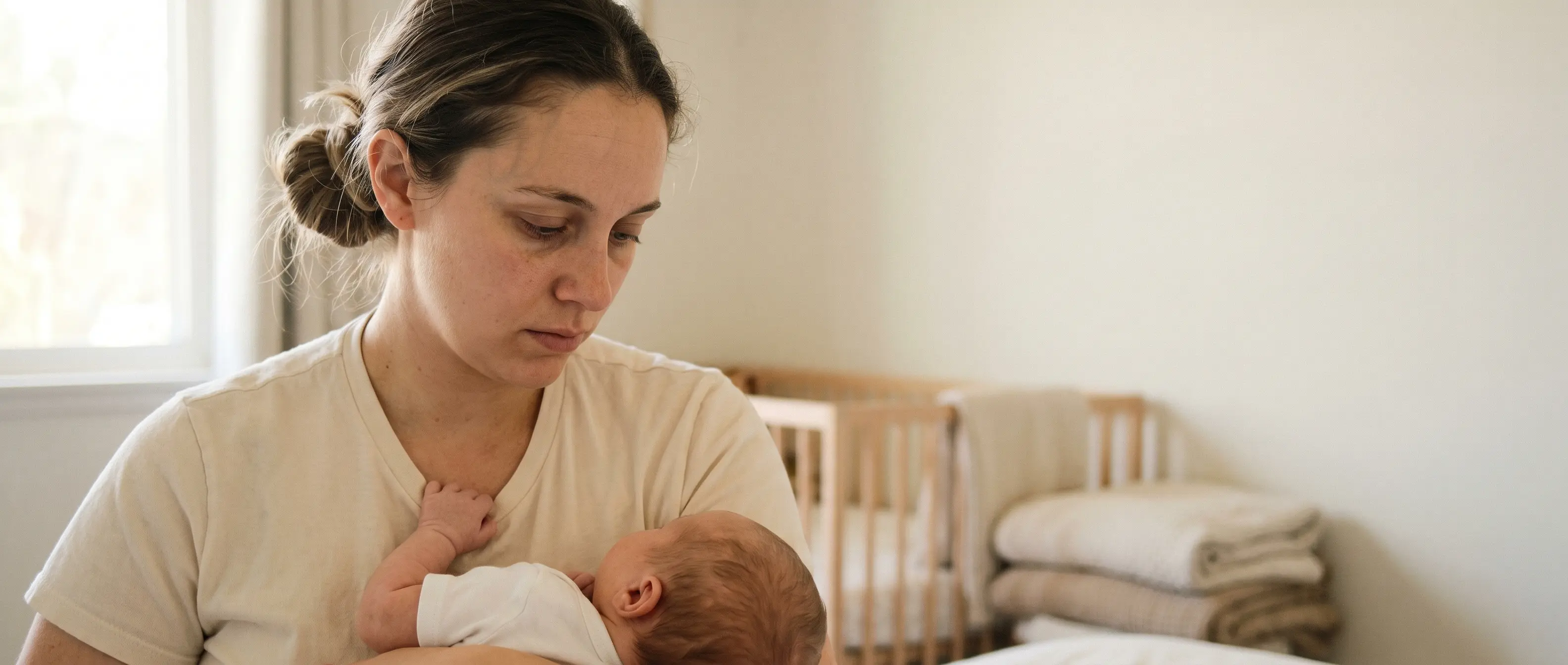 A new mother holding her baby, with visible postpartum hair thinning at the temples
