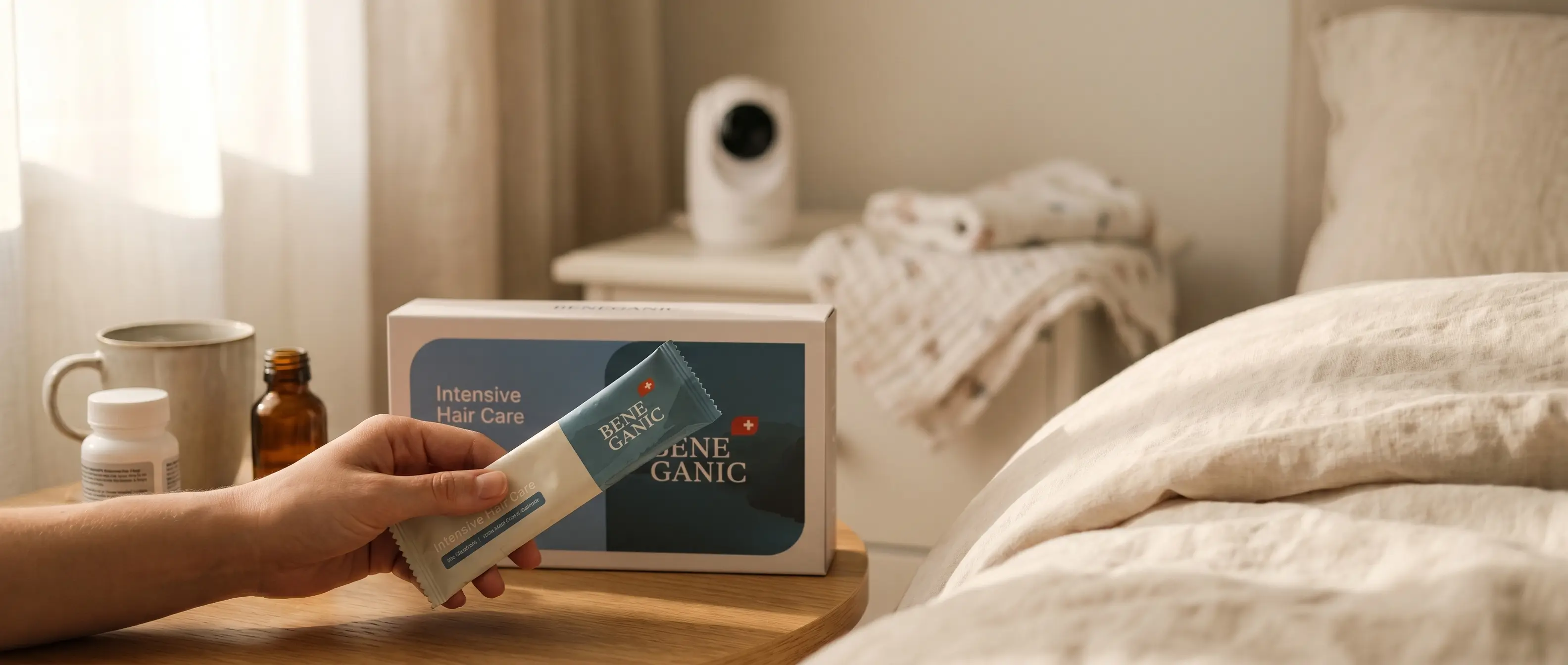 The Beneganic 3-Month Reset System held in hand, showing the intensive drink and keratin capsules